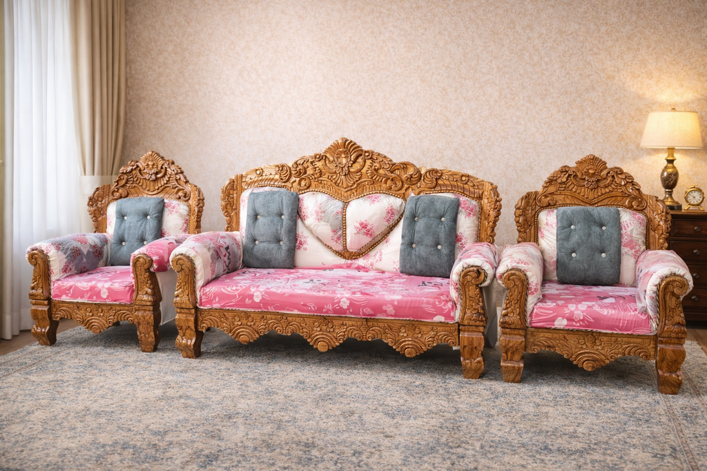 Living Room Solid Pure Teak Wood Sofa With Cusion 1 Big Chair 2 Single Chair And Tea Table S5