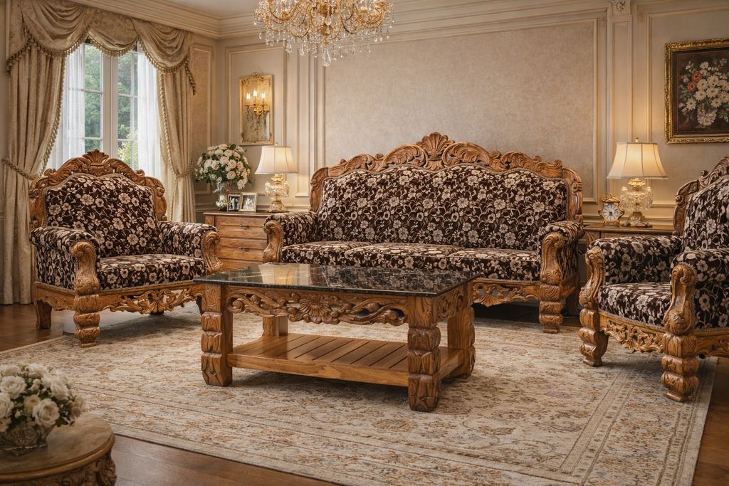 Solid Pure Teak Wood Sofa With Cusion 1 Big Chair 2 Single Chair And (Tea Table Without glass) S6