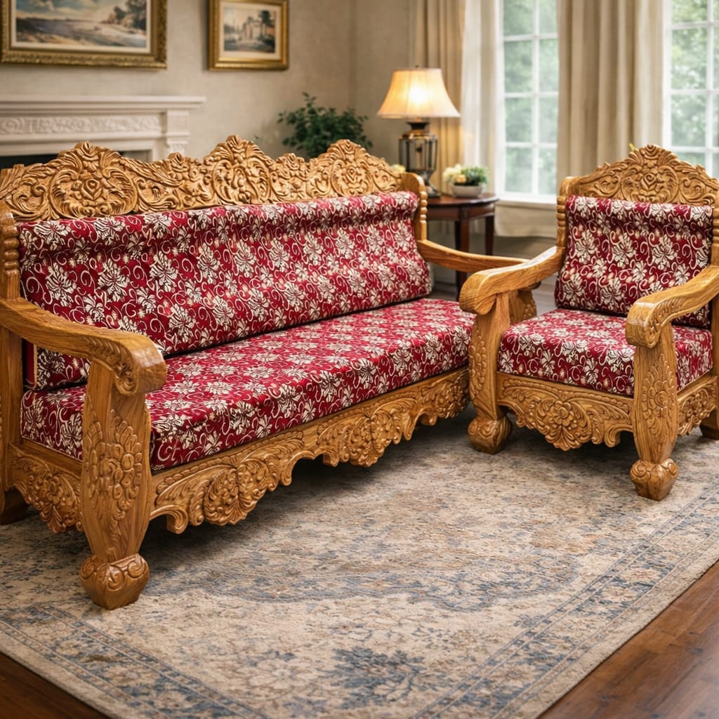Solid Pure Teak Wood Sofa With Cusion 1 Big Chair 2 Single Chair And Tea Table S7
