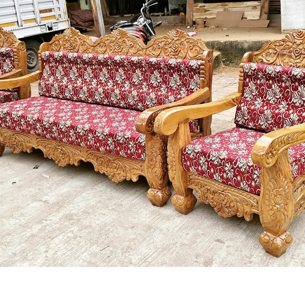 Solid Pure Teak Wood Sofa With Cusion 1 Big Chair 2 Single Chair And Tea Table S7