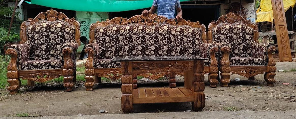 Solid Pure Teak Wood Sofa With Cusion 1 Big Chair 2 Single Chair And (Tea Table Without glass) S6