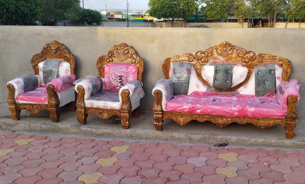 Living Room Solid Pure Teak Wood Sofa With Cusion 1 Big Chair 2 Single Chair And Tea Table S5