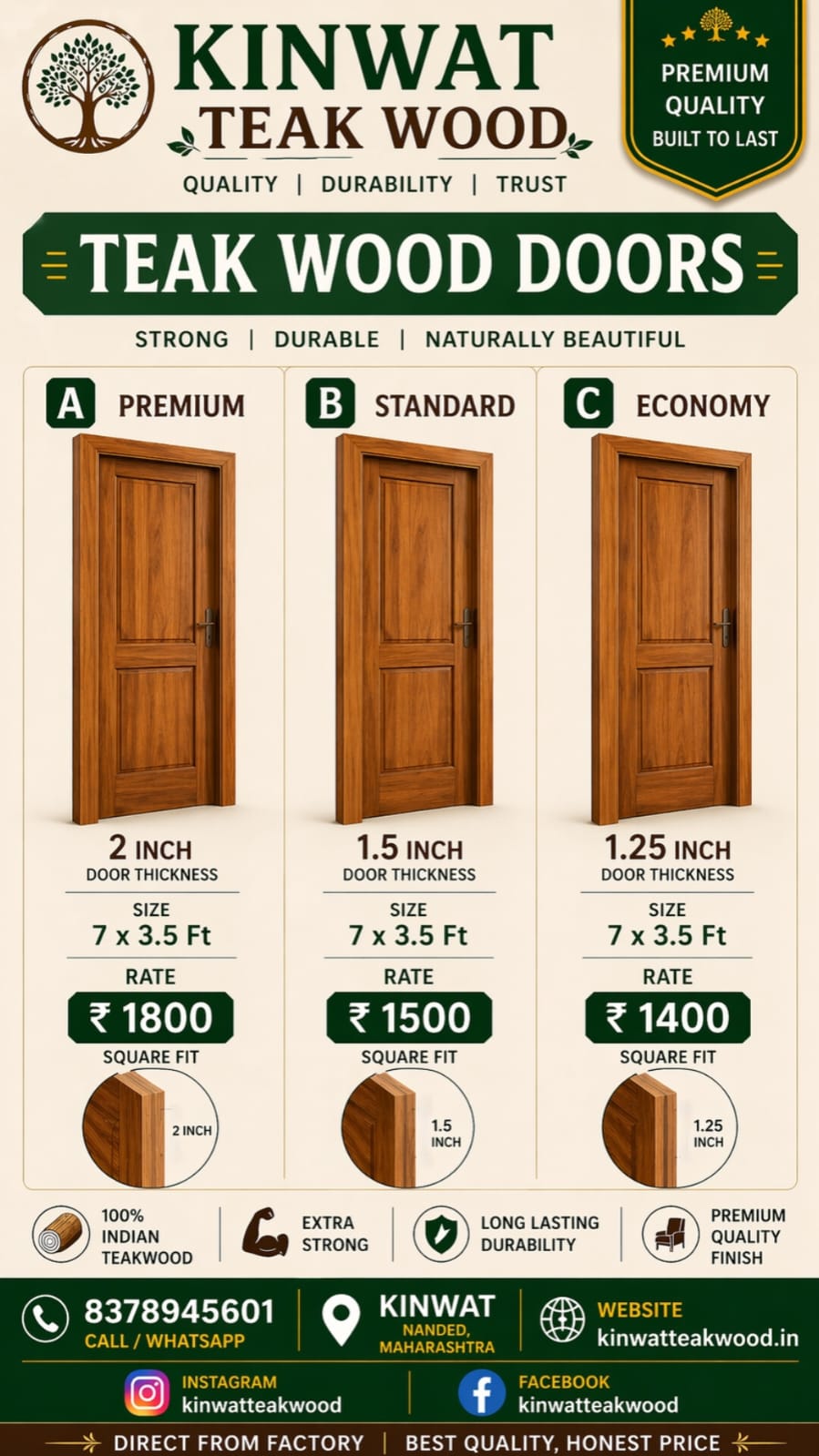 Hand Crafted Solid Indian Teak  Wood Beautiful Main Door #D1